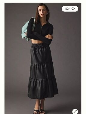 Anthropologie Somerset Maxi Skirt: Faux Leather Edition Black Tiered Size Medium